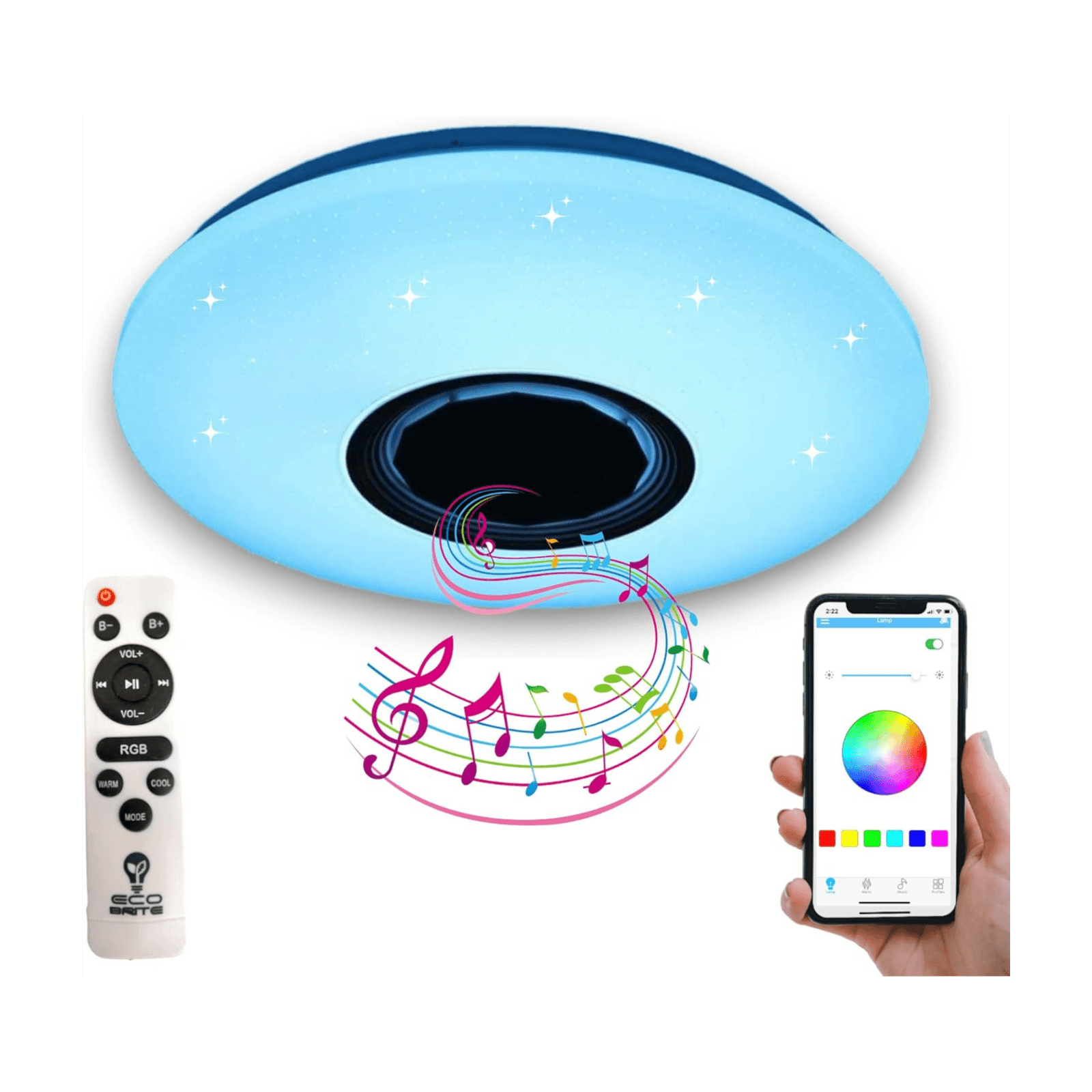 Smart Bluetooth Speaker Ceiling Light | Colour Changing RGB-W | App Control+ Remote Control