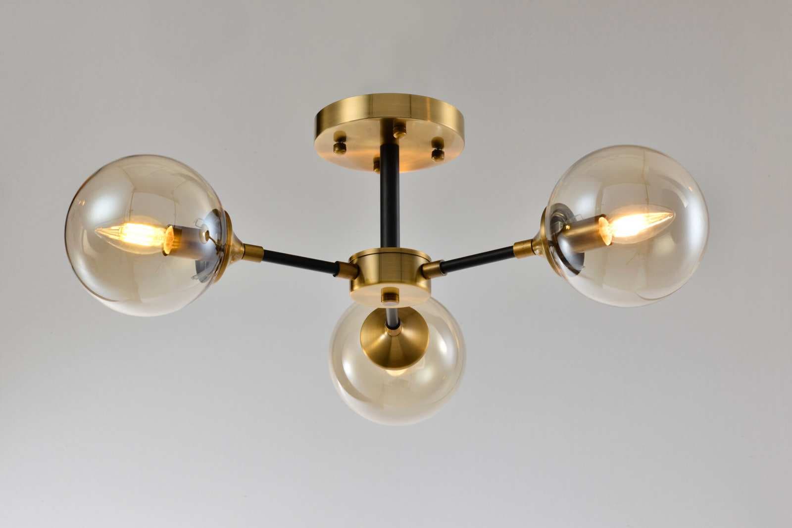 3 Arm Gold Bronze Semi Flush Amber Glass Chandelier CP215