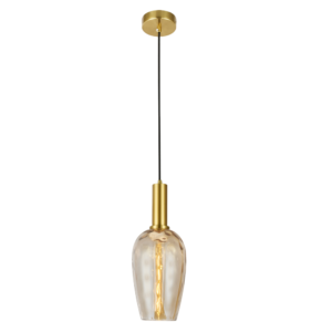 Pear Textured Amber Glass Shade Brass Gold Pendant Light CP204